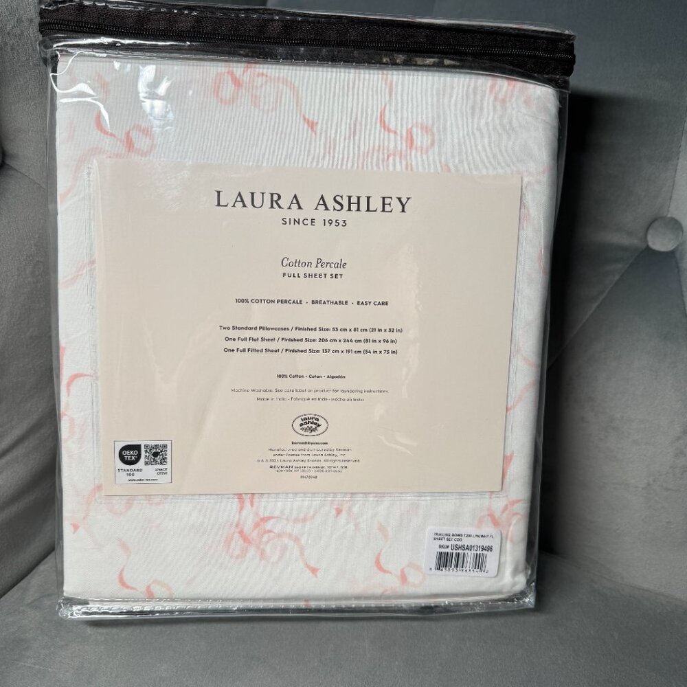 Laura Ashley White Pink Trailing‎ Bows Coquette Full Sheet Set NEW WITH TAG